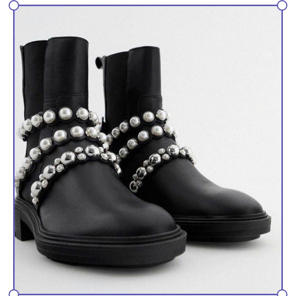 Pearl Strap Low Heeled Leather Ankle Boots NWOT
